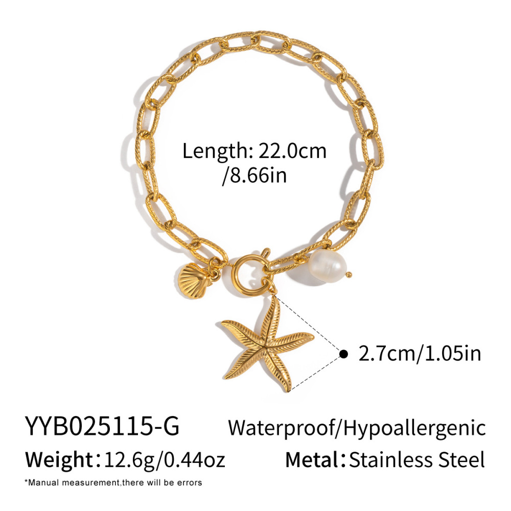 Popular Boho Ocean Beach Vacation Style 18K Gold Plated Non-Tarnish Starfish Shell Pearl Charms Stainless Steel Chain Bracelet