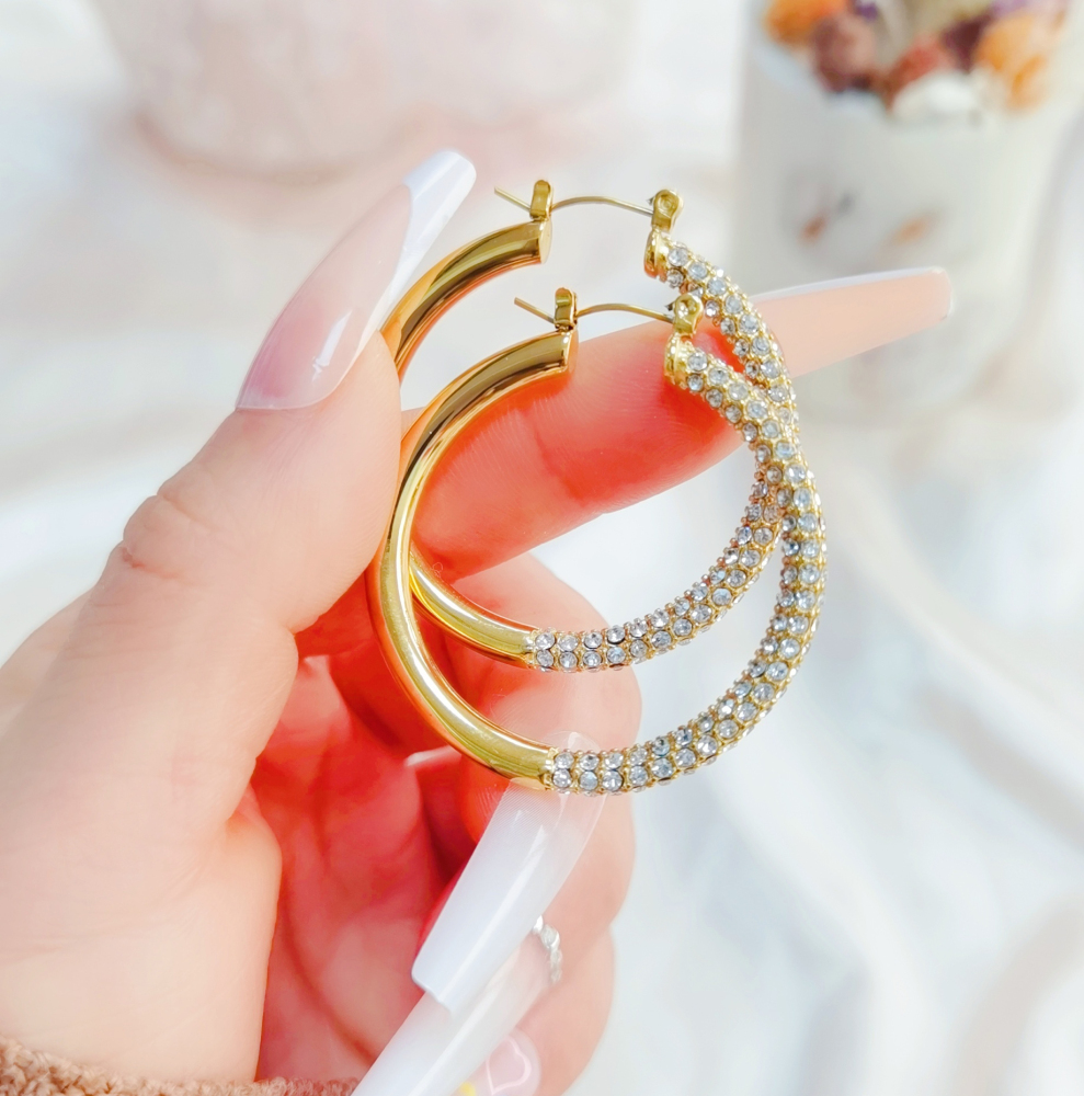 Luxury Jewelry Wholesale Boho 18K PVD Gold Plated Water Resistant Cubic Zircon Paved Stainless Steel Big Hoop Earrings for Women