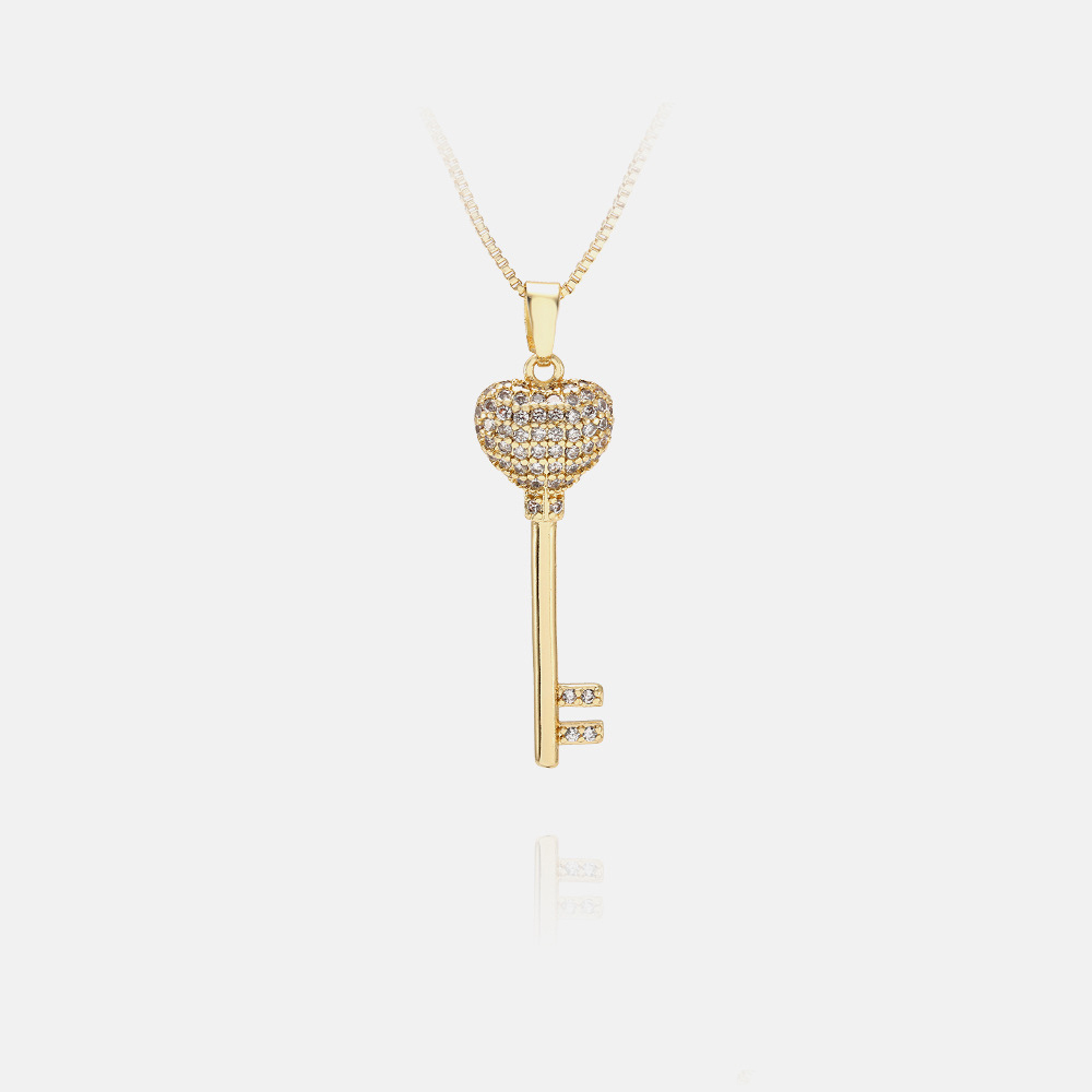 Fashion Jewelry Wholesale 18k Gold Plated Cubic Zirconia Heart Key Pendant Necklaces for Women