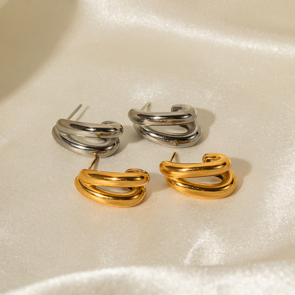 New Arrival Trendy 18K Gold Plated Stainless Steel Chic Double Rows Hoop Earrings for Women