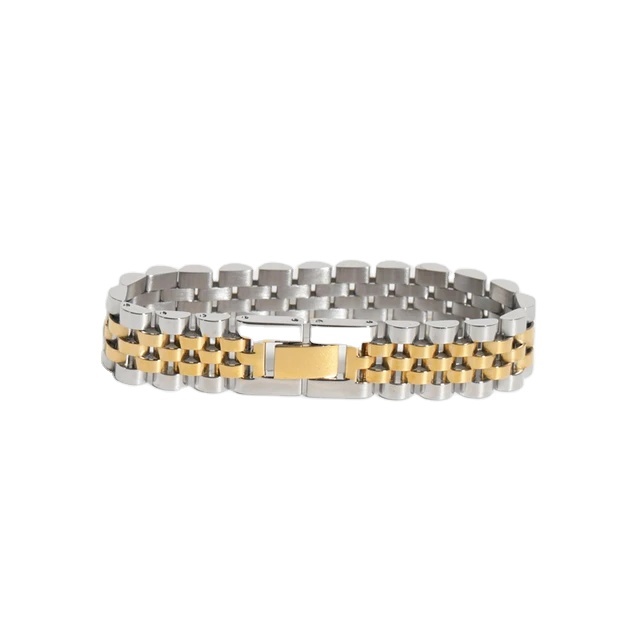 New Hot Selling Stainless Steel Gold Plated High End Trendy  2 Tones Chunky Band Bracelet