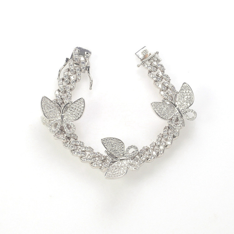 Fashion Jewelry Luxury Cuban Chain Three Butterfly Hip Hop Style CZ Bracelets for Women