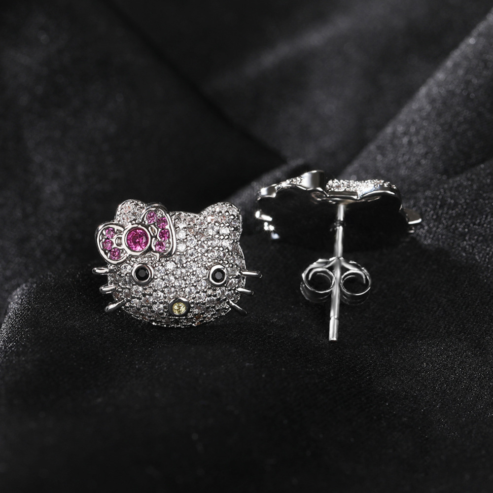 New Gold Plated Iced Out Cat Earring Cute Cartoon Animal Jewelry Sweet CZ Little Kitty Stud Earrings for Girls