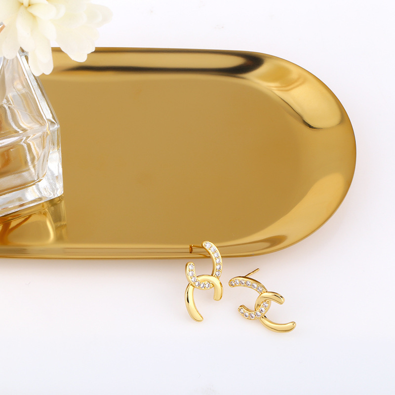 IVIAPRO Fashion Jewelry Wholesale 18K Gold Plated Double C Shaped CZ Stud Earrings for Women