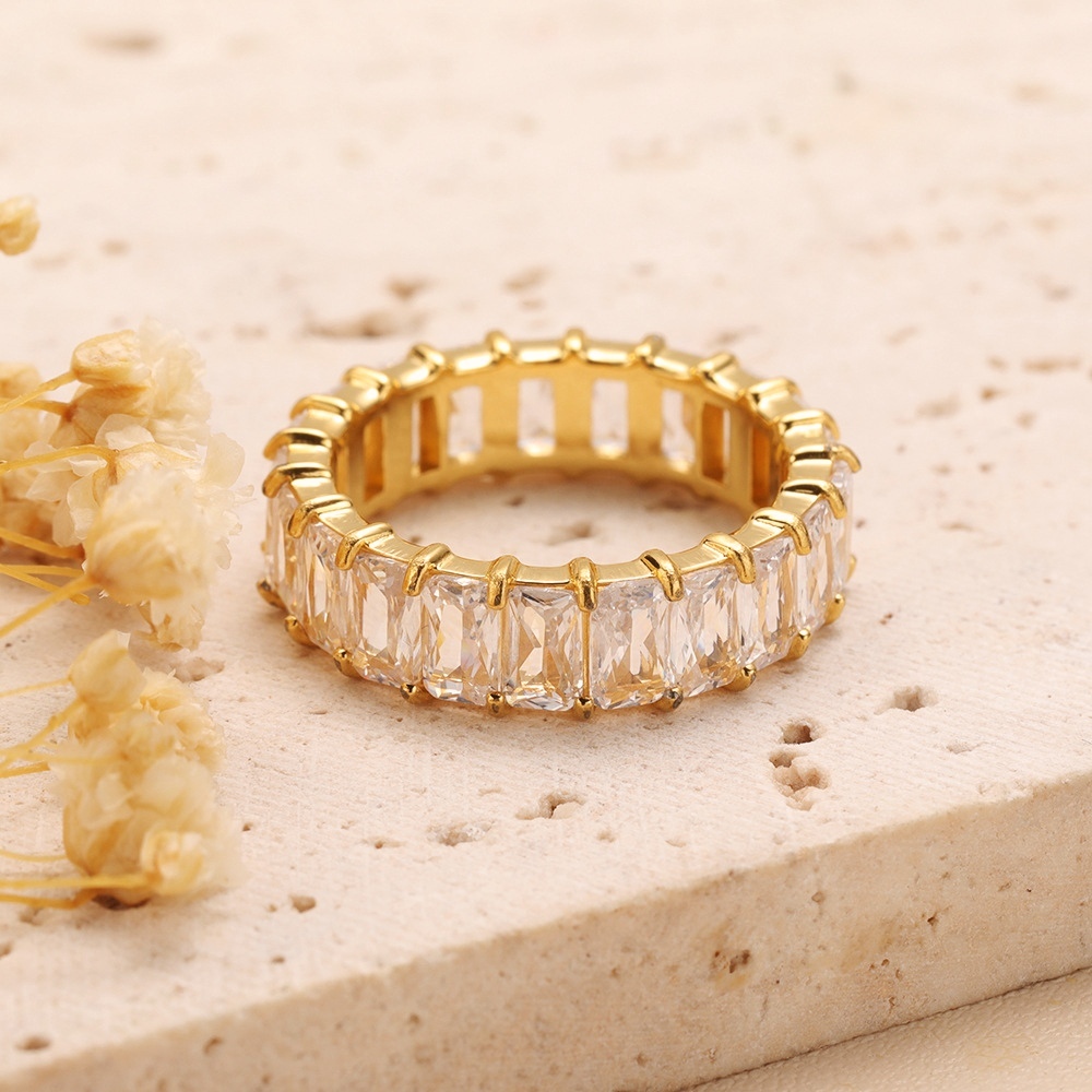Trendy 18K Gold Plated Tarnish Free & Waterproof Stainless Steel Baguette Rectangle CZ Engagement Rings