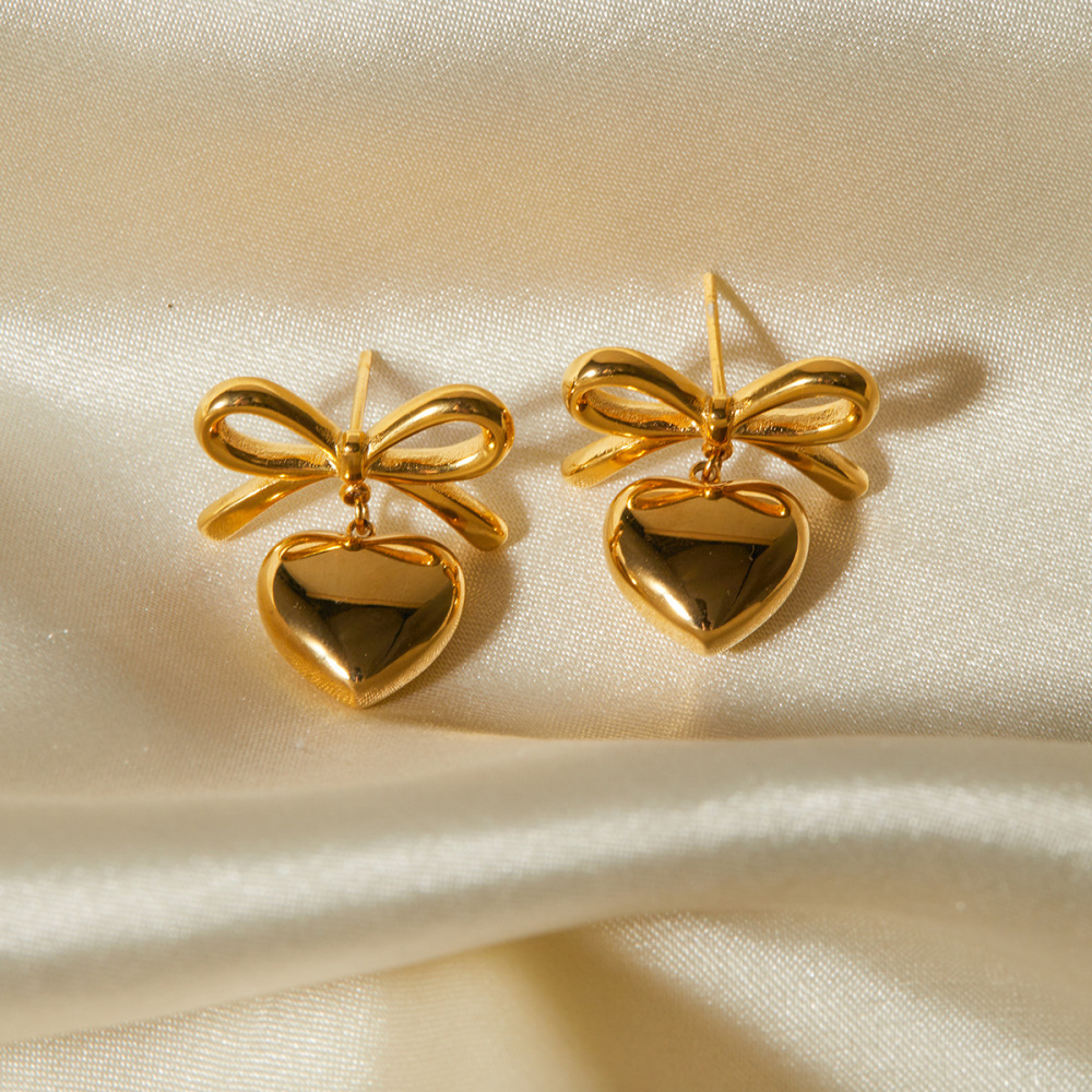 Fashion Jewelry 18K Gold Plated Tarnish Free & Water Resistant Stainless Steel Jewelry Cute Bow Heart Stud Earrings for Girls