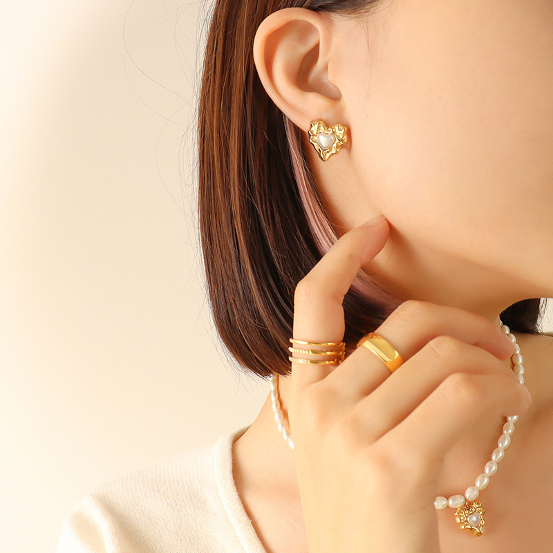 Fashion Jewelry 18K Gold Plated Stainless Steel Tarnish Free Heart Shape Earrings Pendant Pearl Necklace Jewelry Set
