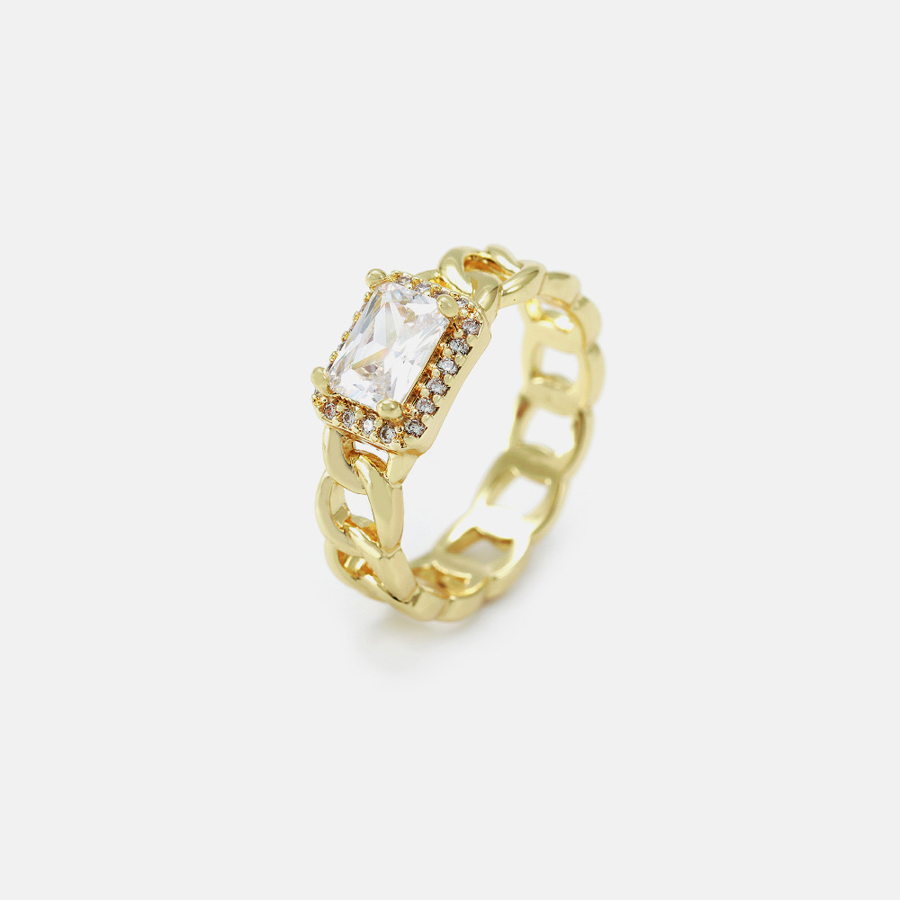 Fashion Jewelry Brass with 18K Gold Plated Link Chain Colorful Rectangle Shaped Zircon Rings for Women