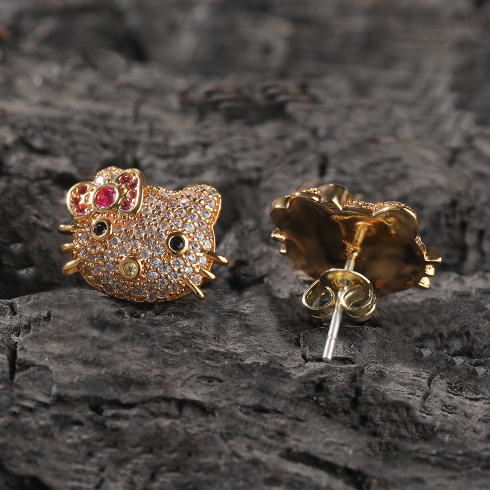 New Gold Plated Iced Out Cat Earring Cute Cartoon Animal Jewelry Sweet CZ Little Kitty Stud Earrings for Girls
