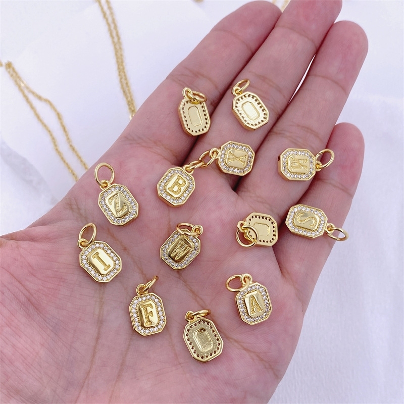 Hot Selling Trendy 18K Gold Plated CZ Square Shaped Letters Initial Alphabet Charms Pendants for Jewelry DIY
