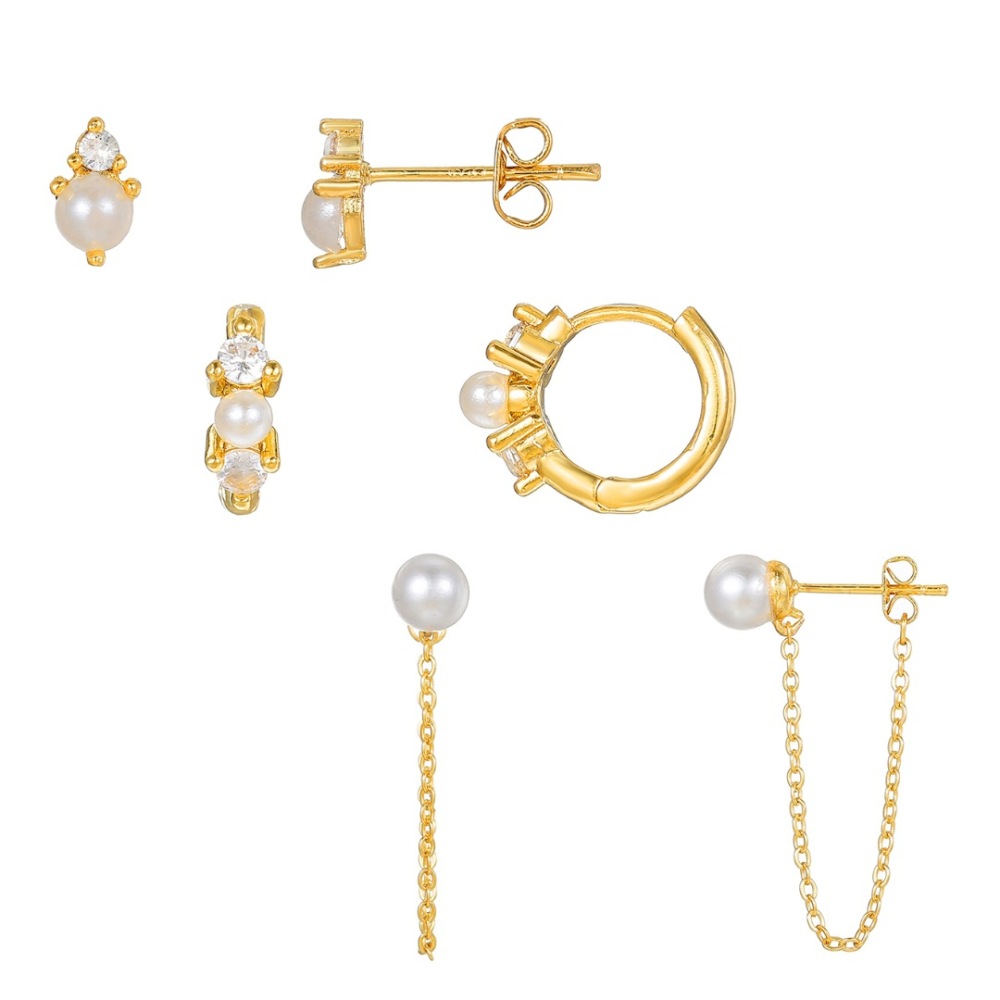 Fashion Jewelry Wholesale Simple Brass With 18K Gold Plated Cubic Zircon Stud Earrings Tiny Pearl Hoop Earrings Set for Women