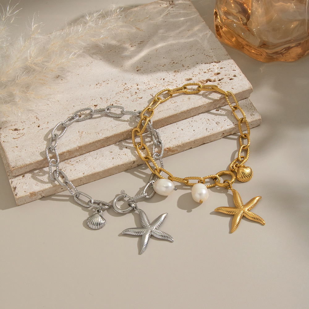 Popular Boho Ocean Beach Vacation Style 18K Gold Plated Non-Tarnish Starfish Shell Pearl Charms Stainless Steel Chain Bracelet
