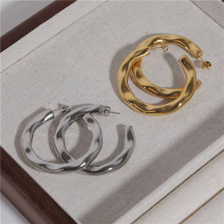 IVIAPRO Jewelry Stainless Steel 18K Gold Plated High End Classic Big Irregular Hammered Hoop Earrings for Women