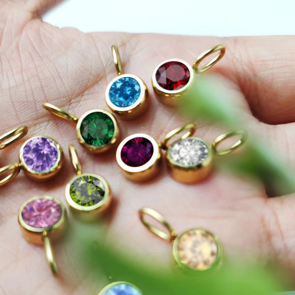 VIAPRO Jewelry Fashion Birth Stone DIY Pendant Stainless Steel Colorful 12 Months Birthstone Pendants for Jewelry Making