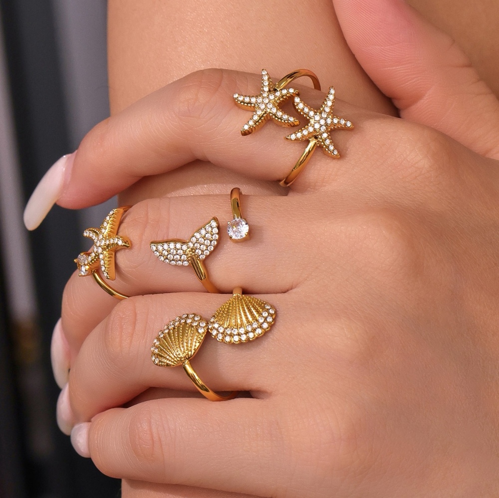 Hot Ocean Beach Vacation Style 18K Gold Plated Zirconia Starfish Shell Fish Tail Open Rings for Women Stainless Steel Jewelry