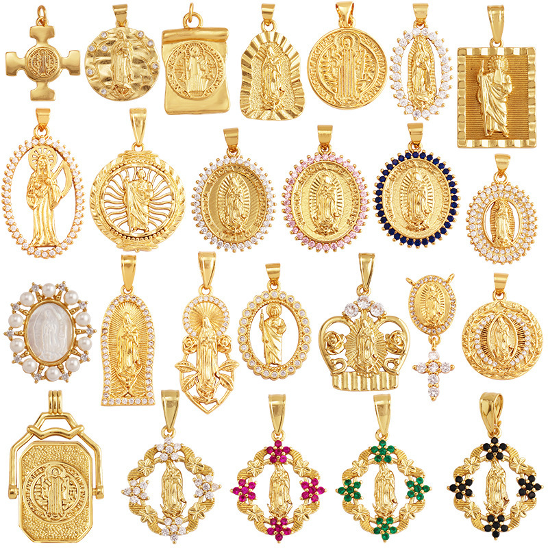 IVIAPRO Hot Selling Fashion Gold Plated CZ Pendant Charms DIY Religion Virgin Mary Pendants for Jewelry Making