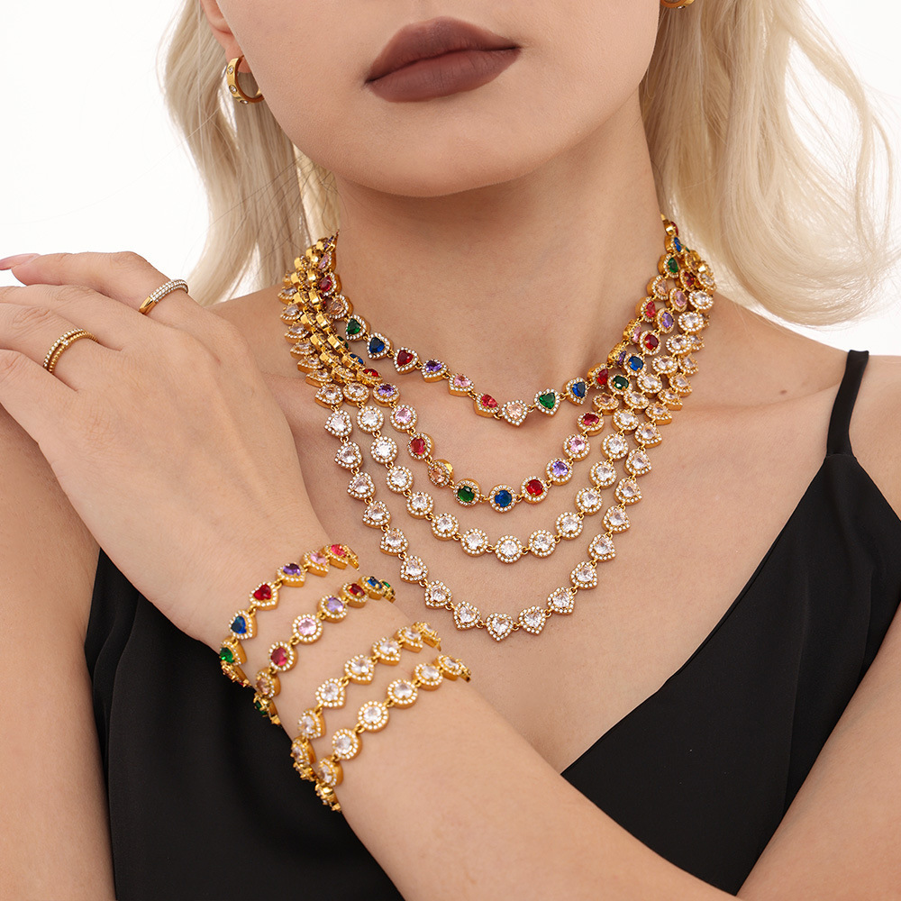IVIAPRO Elegant Shining Heart CZ Colorful Cubic Zircon Tennis Chain Bracelets Necklaces Stainless Steel Tarnish Free Jewelry