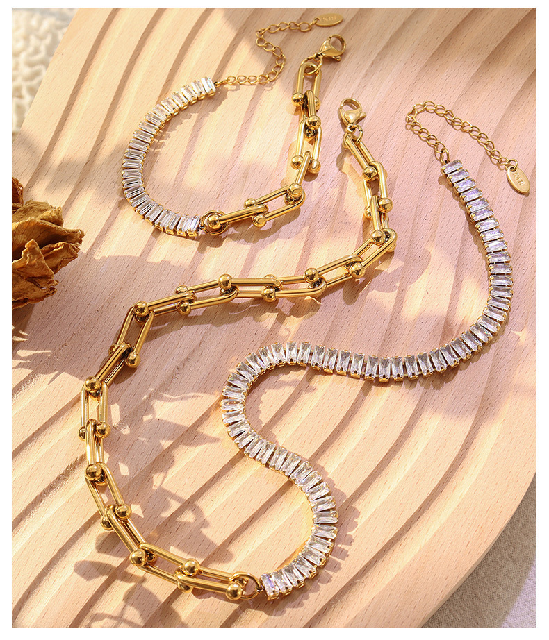IVIAPRO Jewelry 18K Gold Plated Link Chain Crystal Pave Stainless Steel Choker Toggle Necklace for Women