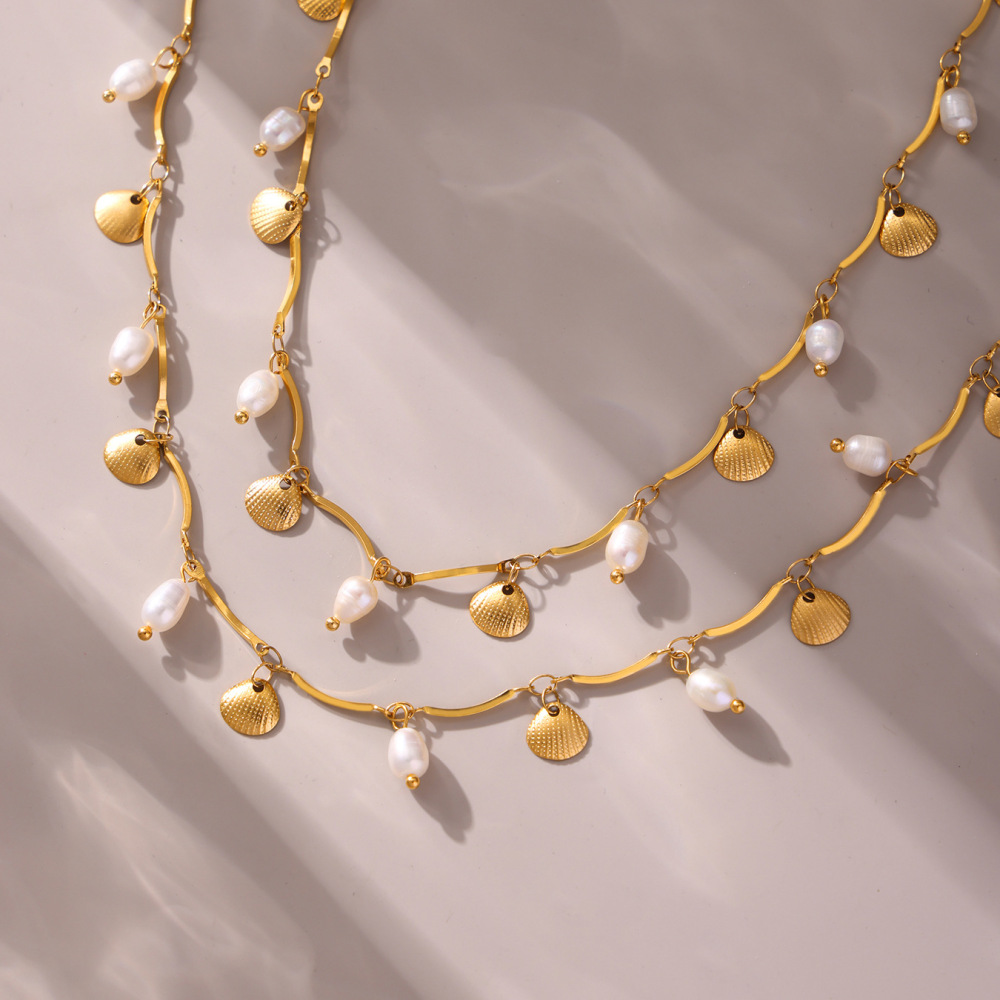 New Arrival 18k Gold Plated Elegant Freshwater Pearls Choker Shell Pendants Stainless Steel Necklace for Women Daily Wear