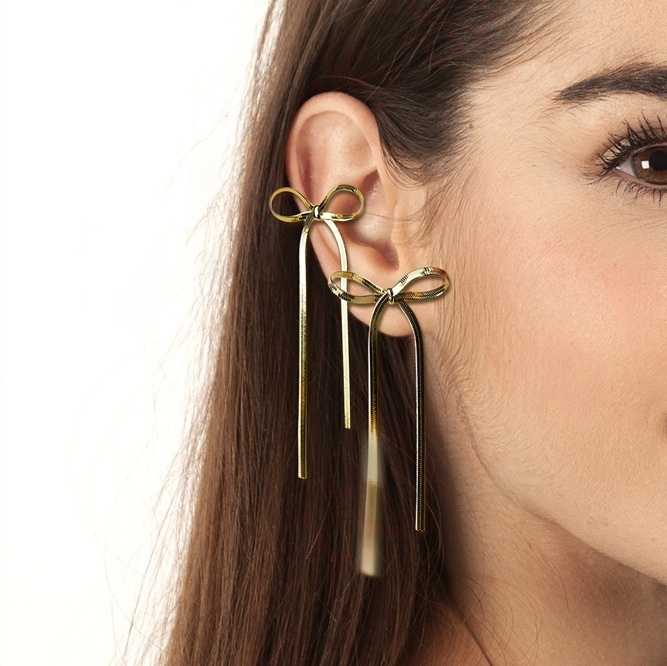 Hot 18K Gold Plated Tarnish Free Stainless Steel Snake Chain Drop Earring Long Butterfly Knot Bow Tassel Earrings for Girls