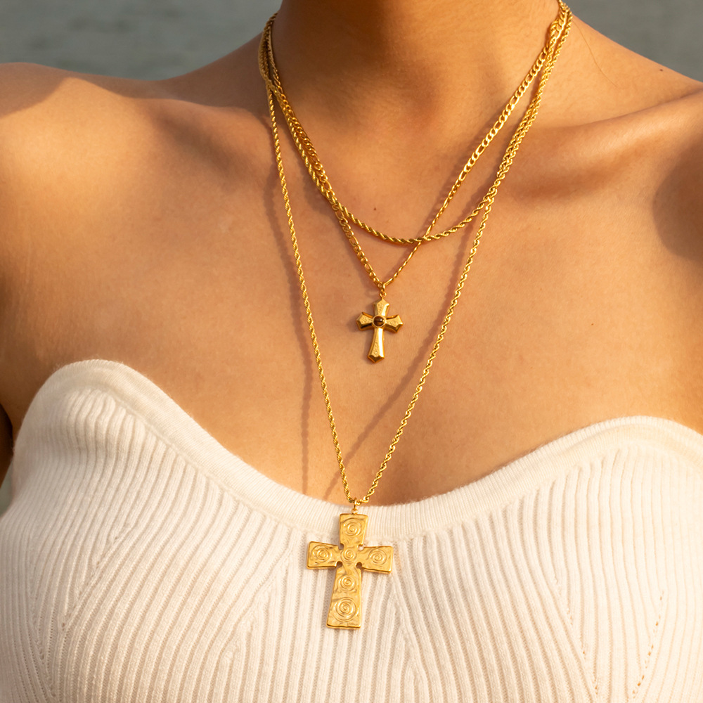 Fashion Jewelry Stainless Steel 18K PVD Gold Plated Texture Lava Crossed Necklace Chunky Cross Pendant Necklace for Women