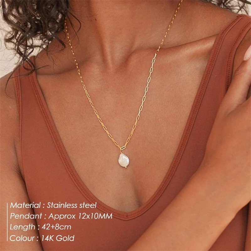 IVIAPRO Jewelry New Trendy 14K Gold Plated Pearl Necklace Stainless Steel Link Chain Freshwater Baroque Pearl Pendant Necklace