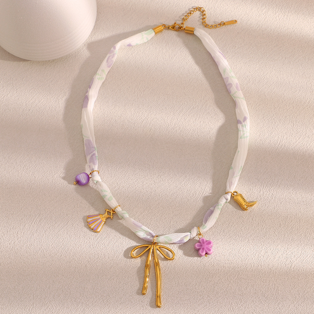 New Bohemia Vacation Style Stainless Steel Tarnish Free Bow Boot Flower Charms Elegant Ribbon With Pendants Necklace for Women