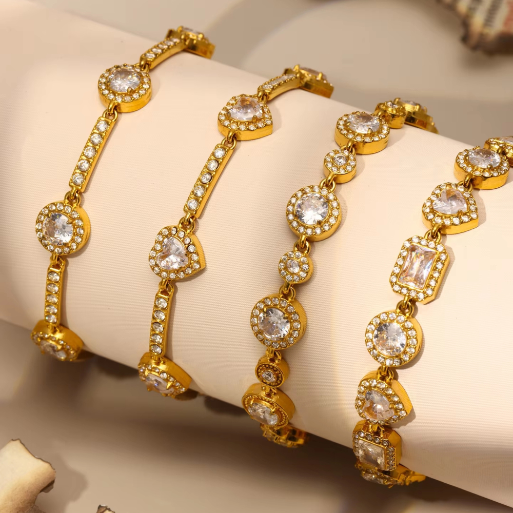 IVIAPRO Elegant Stainless Steel Tarnish Free Jewelry 18K Gold Plated Shining Heart Cubic Zircon Tennis Chain Bracelets for Women
