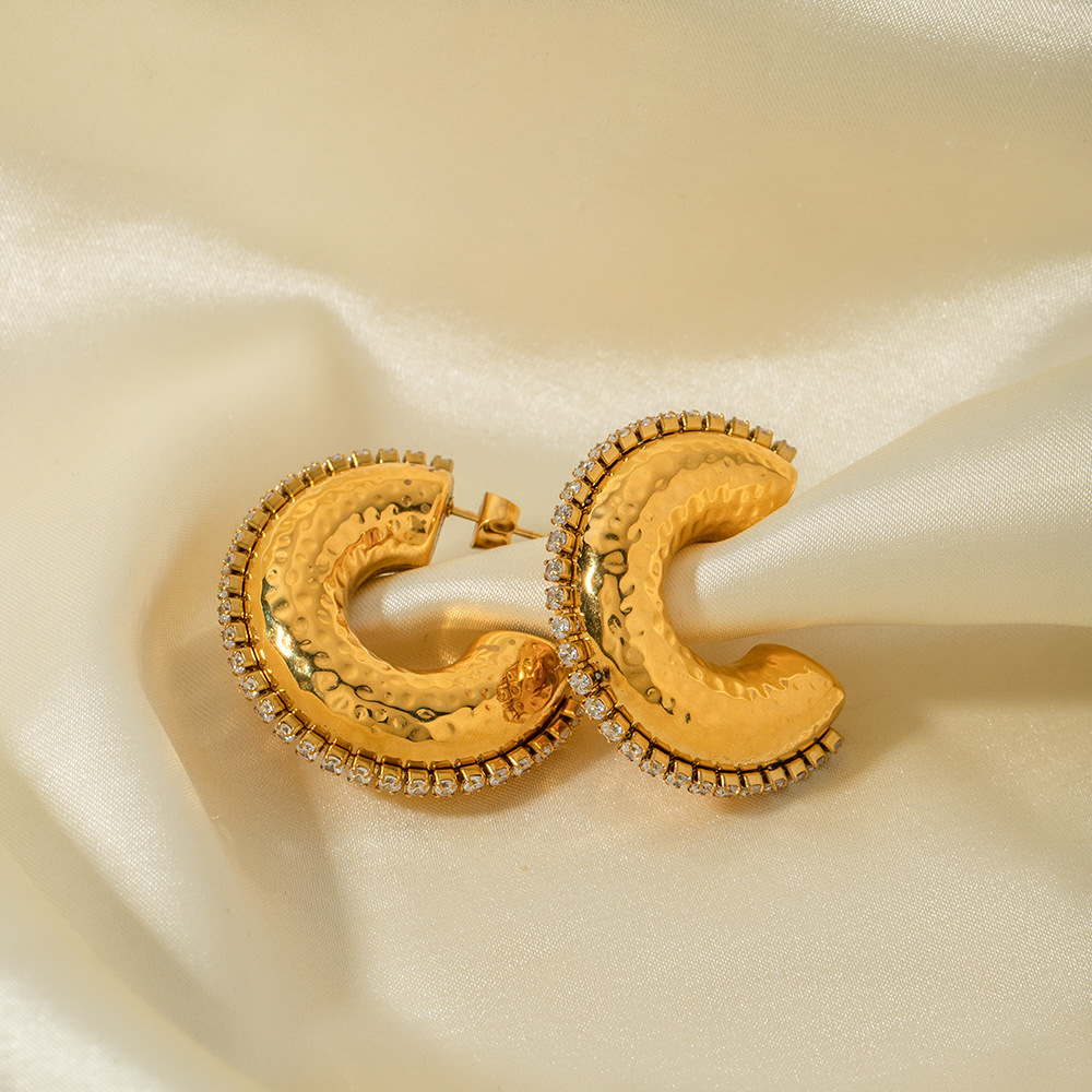 Fashion Jewelry 18K Gold Plated C Shaped Hoop Earrings Stainless Steel CZ Stud Earrings Wholesale