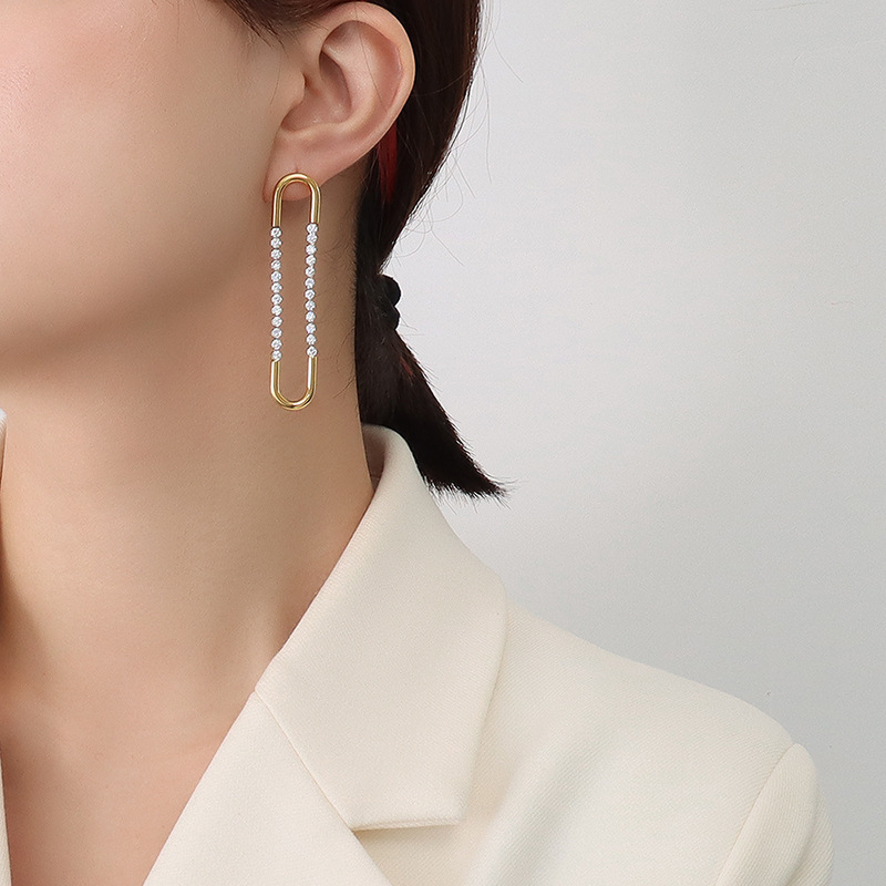 Fashion Jewelry Simple Water Resistant Stainless Steel 18K Gold Plated U-shaped Zircon Earrings for Women