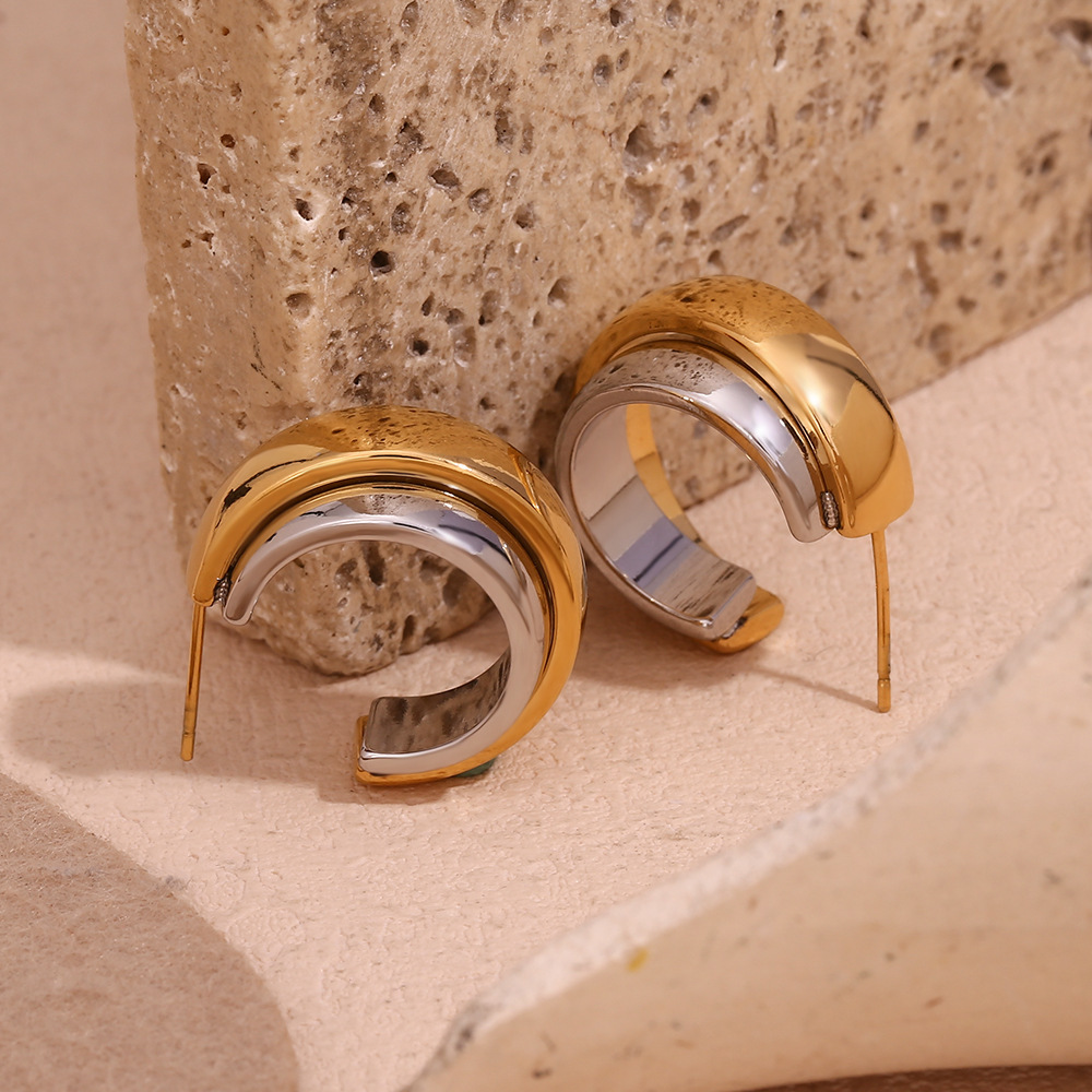 Fashion Jewelry Personalized Waterproof Stainless Steel Gold & Silver Two Tone Twisted Chunky Double Hoop Earrings