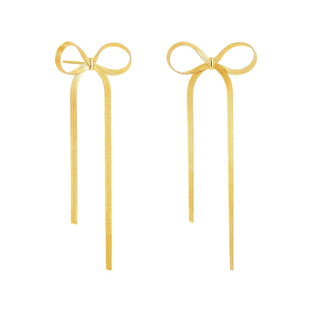 Hot 18K Gold Plated Tarnish Free Stainless Steel Snake Chain Drop Earring Long Butterfly Knot Bow Tassel Earrings for Girls