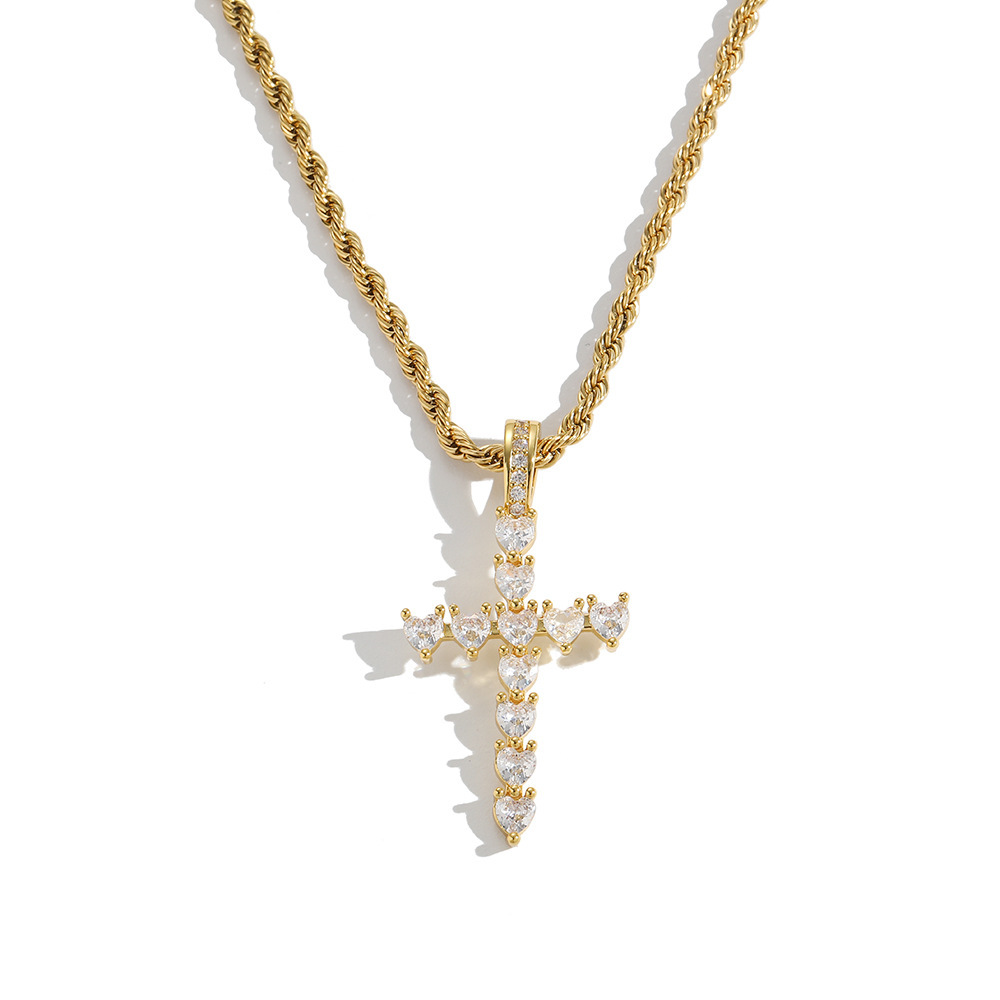 IVIAPRO Jewelry Religious Stainless Steel Rope Chain Shining Heart CZ Cross Pendant Necklace Hiphop Jewelry for Women and Men