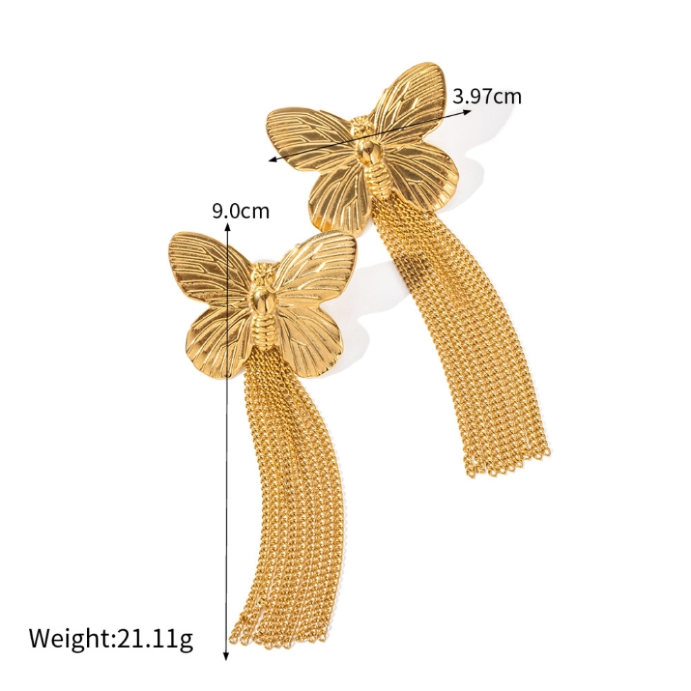 Hot Sale Stainless Steel 18K Gold Plated Tarnish Free & Waterproof Butterfly Tassel Earrings for Women