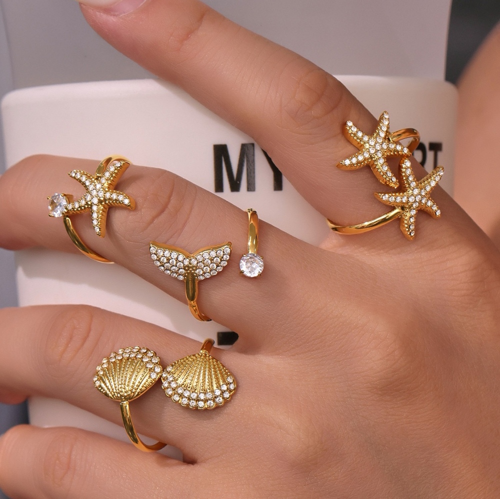 Hot Ocean Beach Vacation Style 18K Gold Plated Zirconia Starfish Shell Fish Tail Open Rings for Women Stainless Steel Jewelry