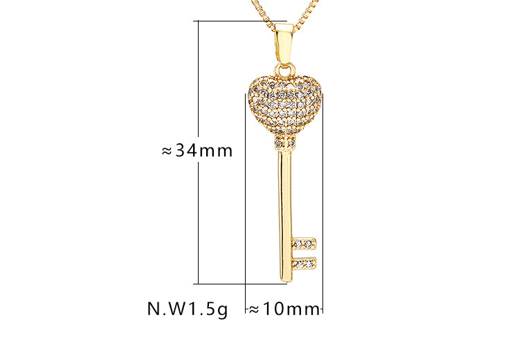 Fashion Jewelry Wholesale 18k Gold Plated Cubic Zirconia Heart Key Pendant Necklaces for Women
