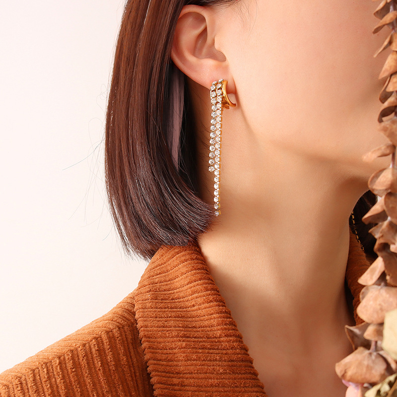 IVIAPRO Jewelry 18K Gold Plated Tarnish Free & Waterproof Long Luxury Clear Zircon Tassel Earrings Stainless Steel Jewelry