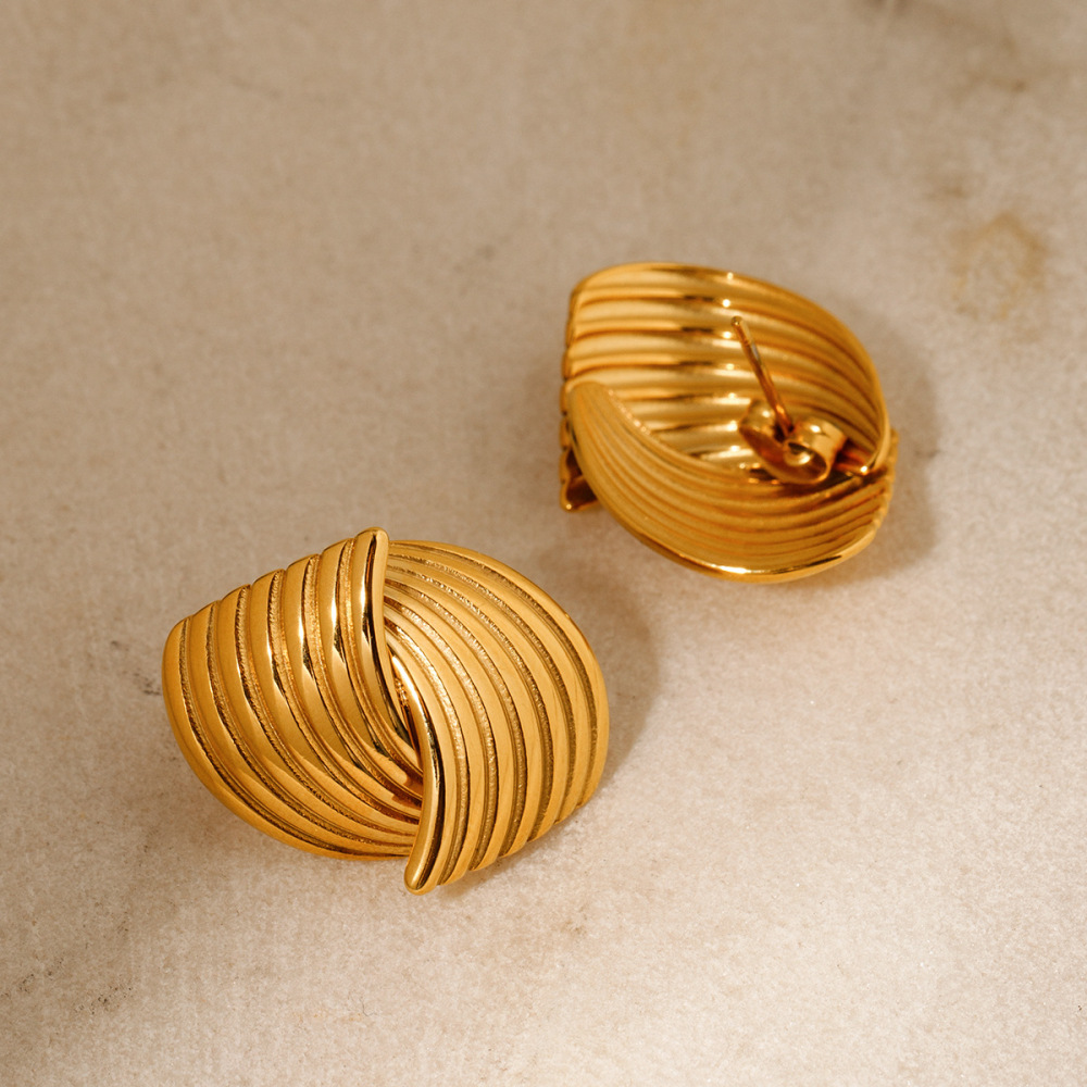 Fashion Jewelry Instagram Popular 18K Gold Plated Stainless Steel Staggered Stripe Texture Cross Stud Earrings for Women