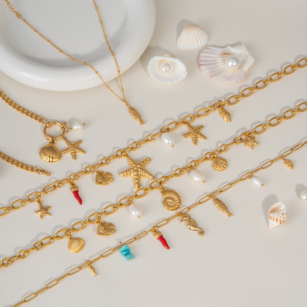 Hot Ocean Beach Vacation Style Gold Plated Waterproof Stainless Steel Shell Fish Conch Starfish Pendant Charms Necklace Women