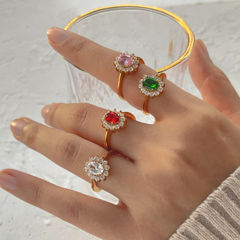 New Arrival Trendy Jewelry 18K Gold Plated Stainless Steel Shiny Gemstone Ring for Women