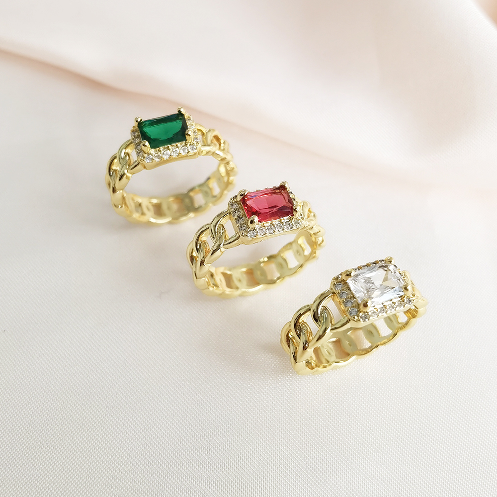 Fashion Jewelry Brass with 18K Gold Plated Link Chain Colorful Rectangle Shaped Zircon Rings for Women