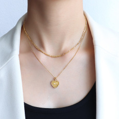 IVIAPRO Two Layers Figaro Chain Heart Pendant Necklace