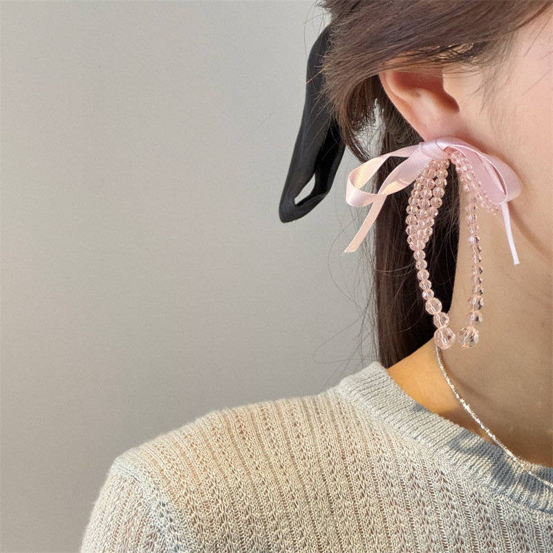 New Arrival 14K Gold Plated Sterling Silver Studs Romantic Sweet Crystal Beaded Ribbon Bow Knot Earrings for Women Gift