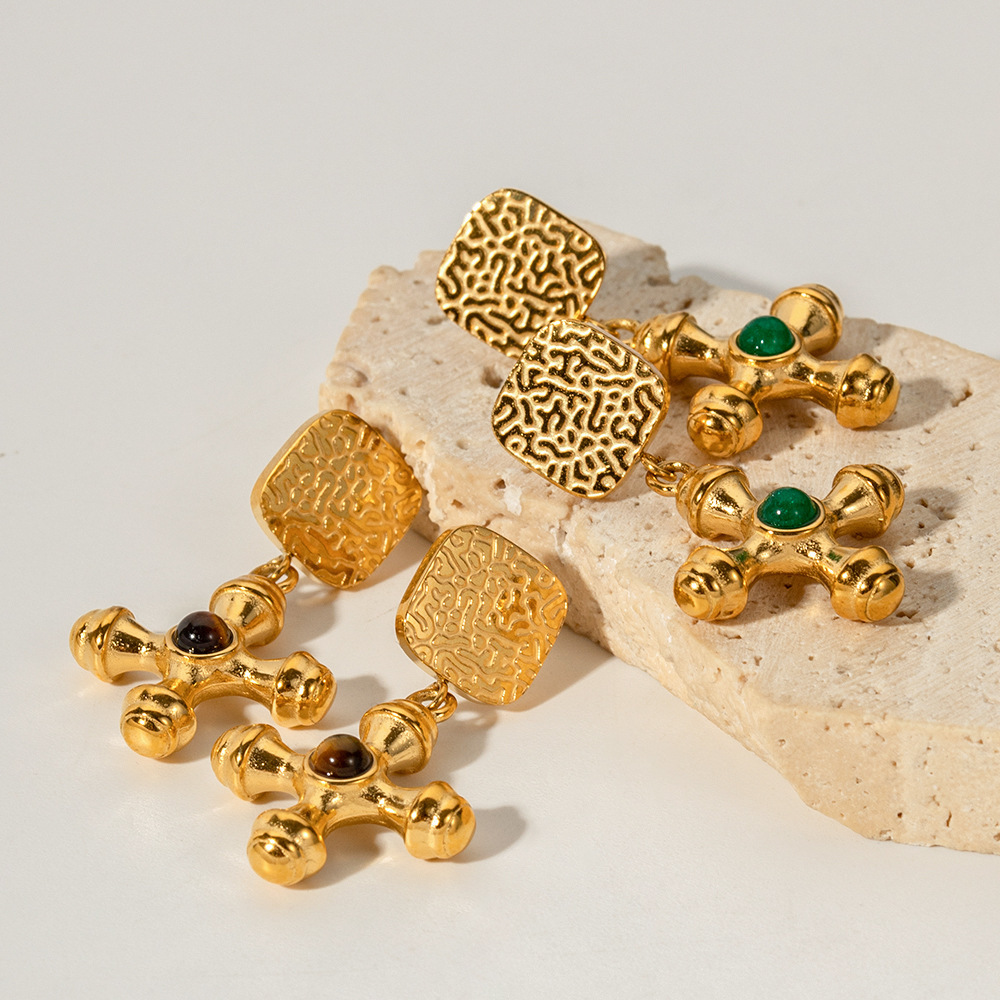 Trendy Hot Sale 18K Gold Plated Tiger Eye Stone Green Agate Cross Pendant Drop Earrings Stainless Steel Stud Earrings