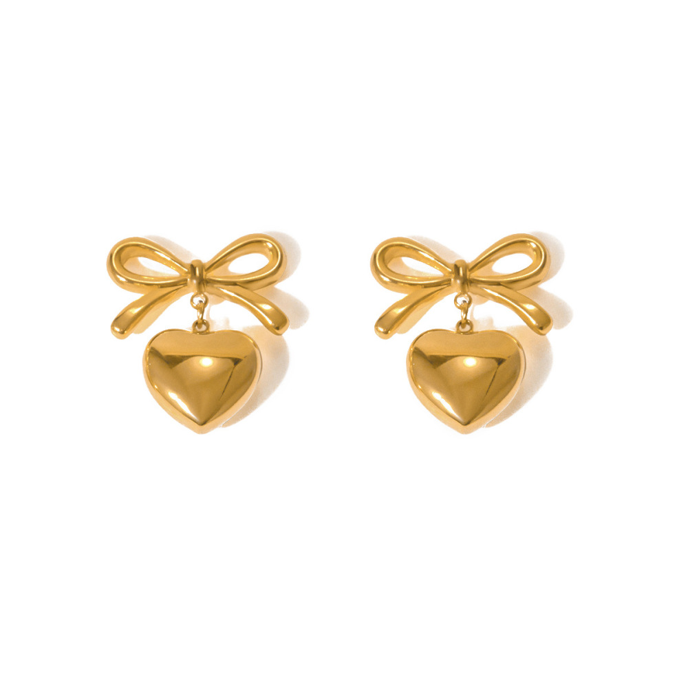 Fashion Jewelry 18K Gold Plated Tarnish Free & Water Resistant Stainless Steel Jewelry Cute Bow Heart Stud Earrings for Girls