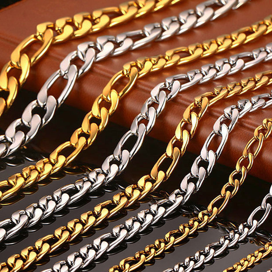 IVIAPRO Fashion Jewelry 18K Gold Plated Tarnish Free and Water Resistant Hiphop Style Stainless Steel NK Figaro Chain Necklace
