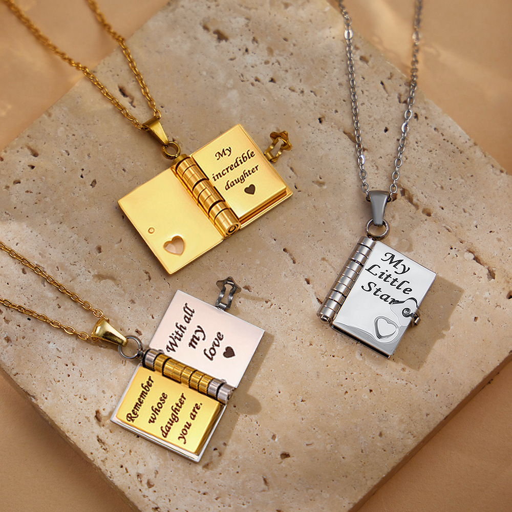 New Design Hot Seller Stainless Steel Non-tarnish Letters Customized Engraving Book Shaped Pendant Necklace for Gift