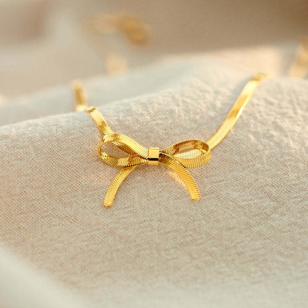 Fashion Jewelry 18K Gold Plated Herringbone Snake Chain Necklace Stainless Steel Butterfly Knot Bow Necklace