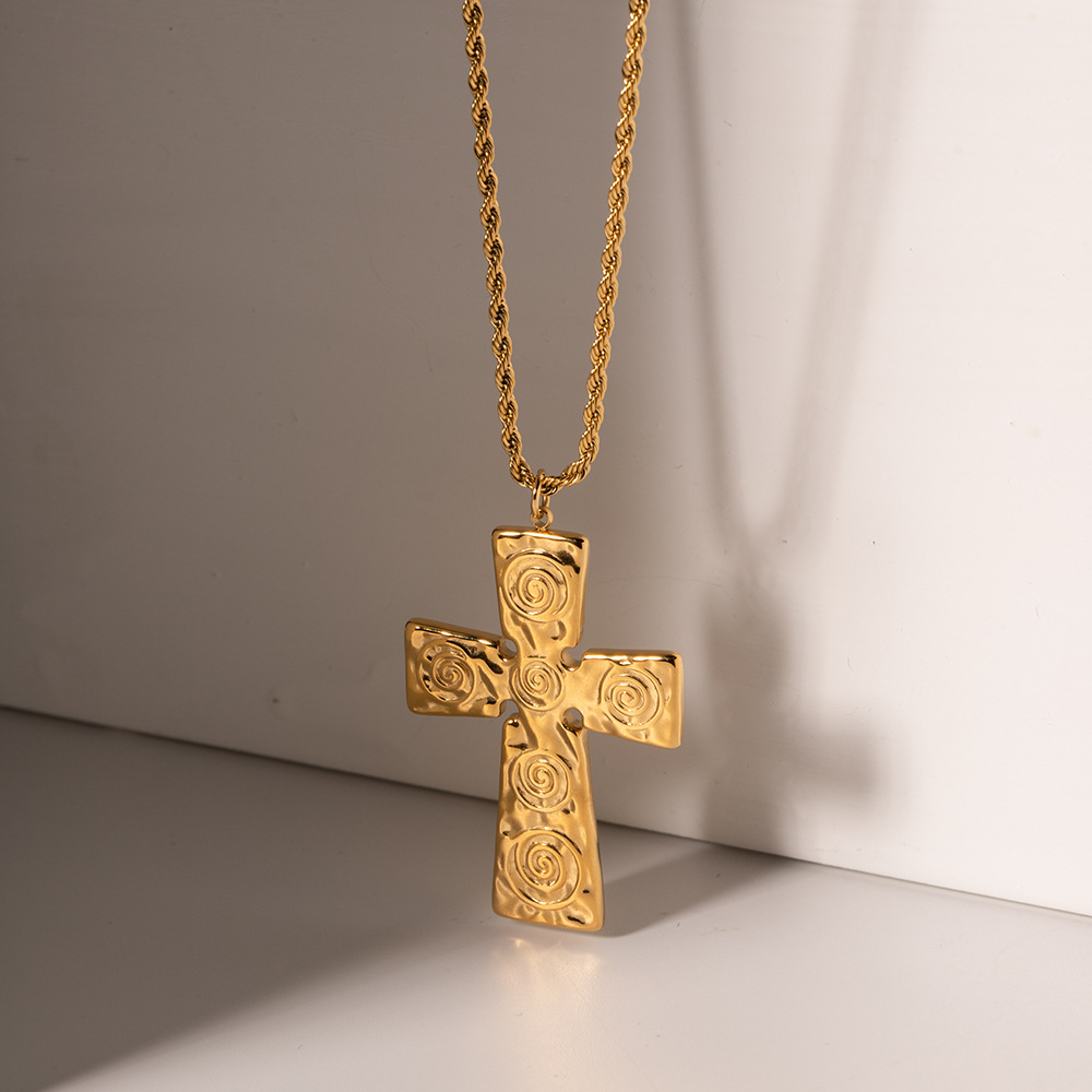Fashion Jewelry Stainless Steel 18K PVD Gold Plated Texture Lava Crossed Necklace Chunky Cross Pendant Necklace for Women