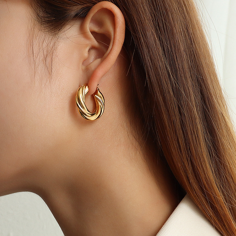 Fashion Stainless Steel Jewelry 18K Gold Plated Twisted Hoop Earrings for Women
